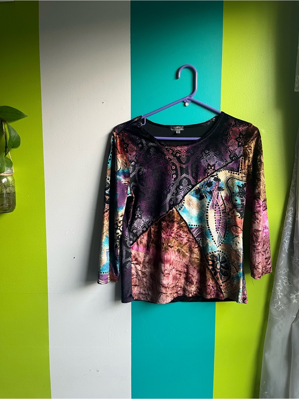 Women's Y2K Multicolor Patchwork Vevelt 3/4-Sleeve Boho Fairycore Top